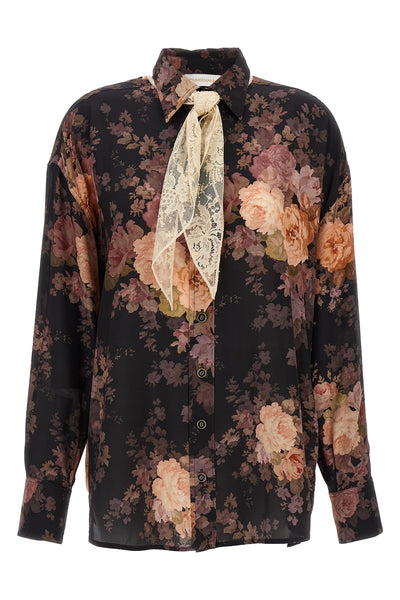 illustration lace scarf silk shirt