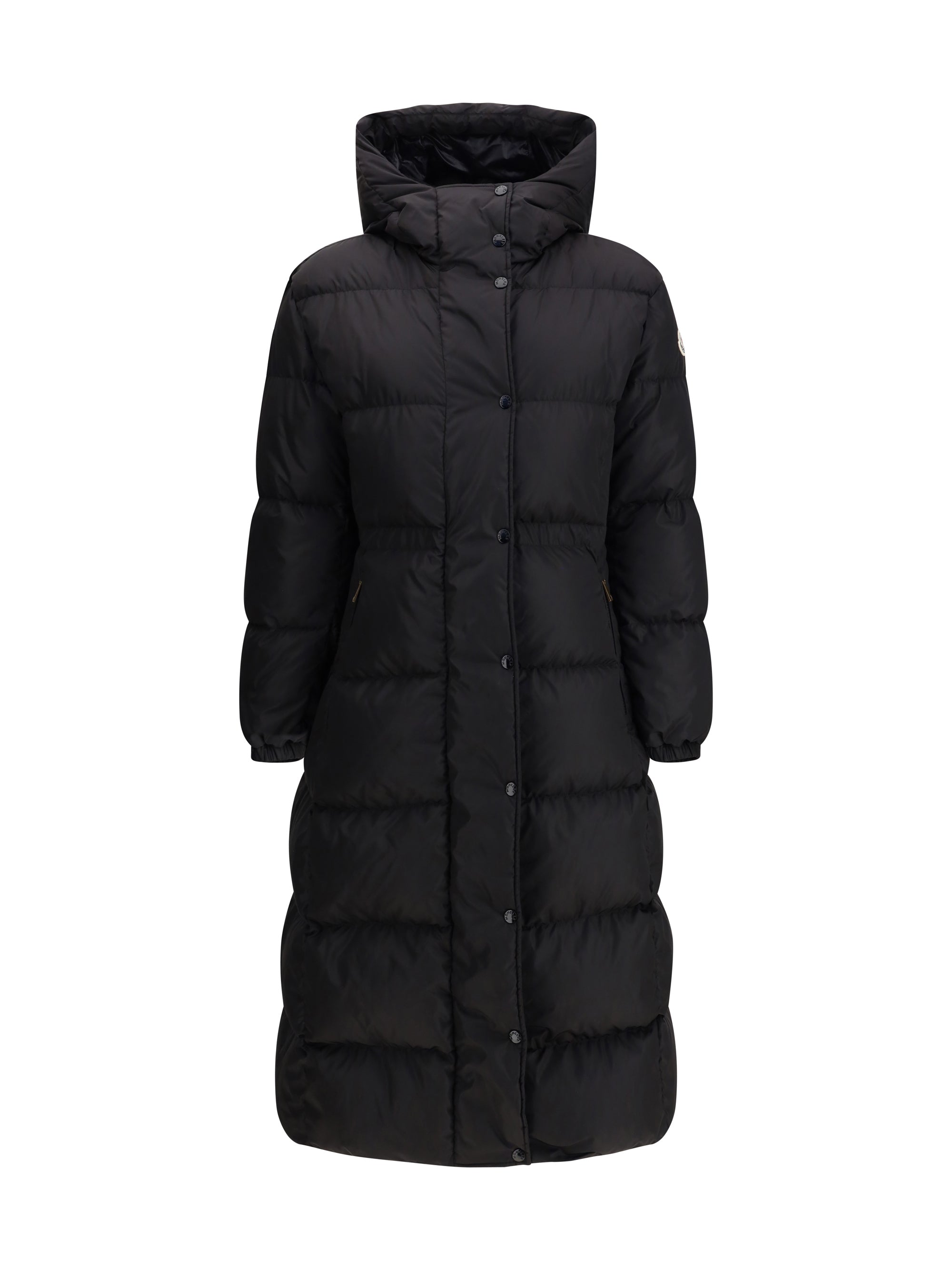 MONCLER 0 the long down jacket with hood and wool trims