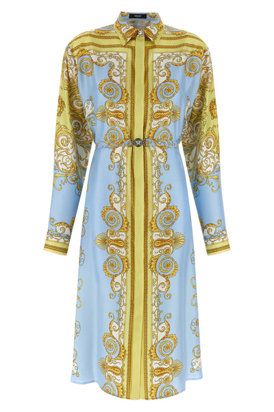 all over spring barocco print silk twill midi dress