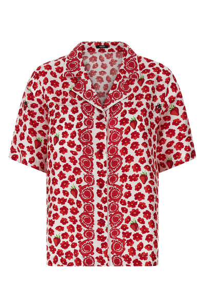 strawberry garden print silk twill shirt