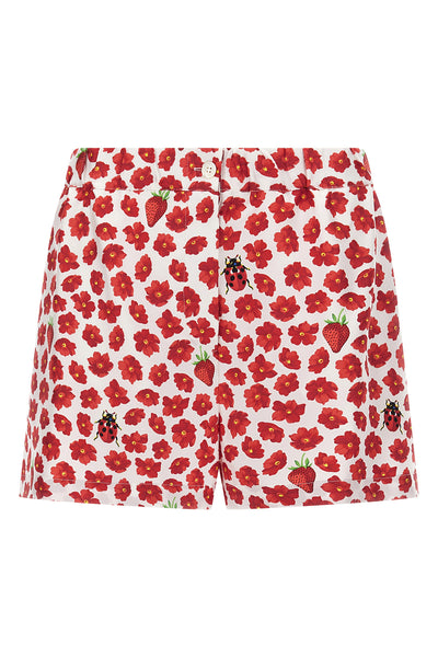 strawberry garden print silk twill shorts