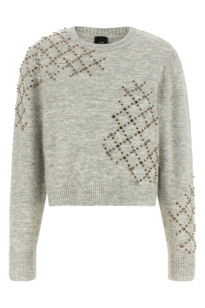 the pinko sweater has a cropped silhouette made of a precious alpaca and wool bl