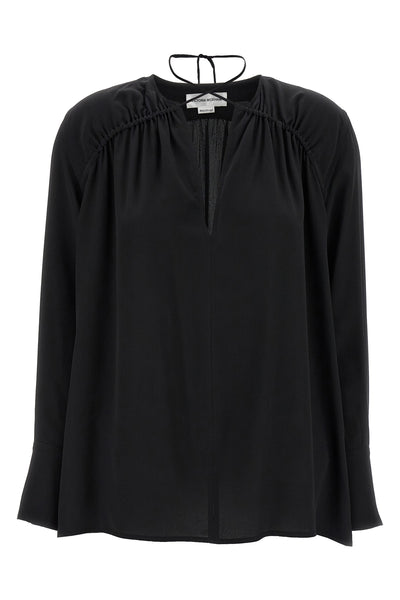 gather detail tie silk blouse