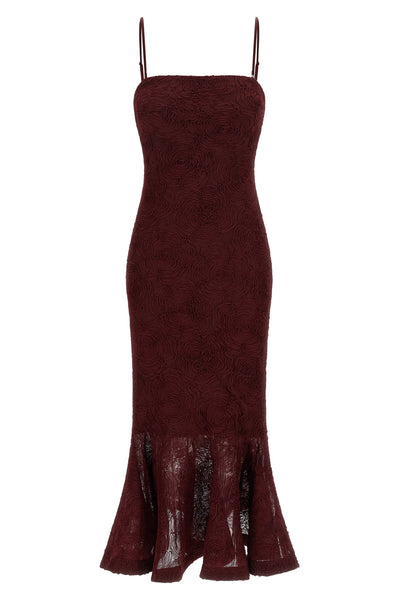 flower mesh flounce semi-transparent mesh midi dress