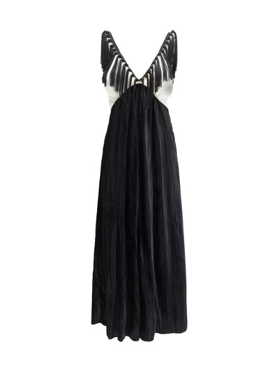 color-block velvet long dress with fringes