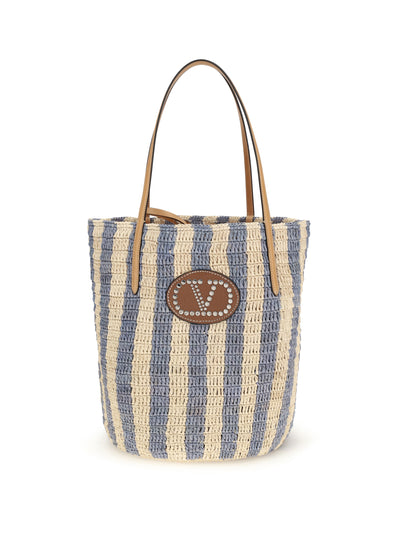 striped raffia bucket bag