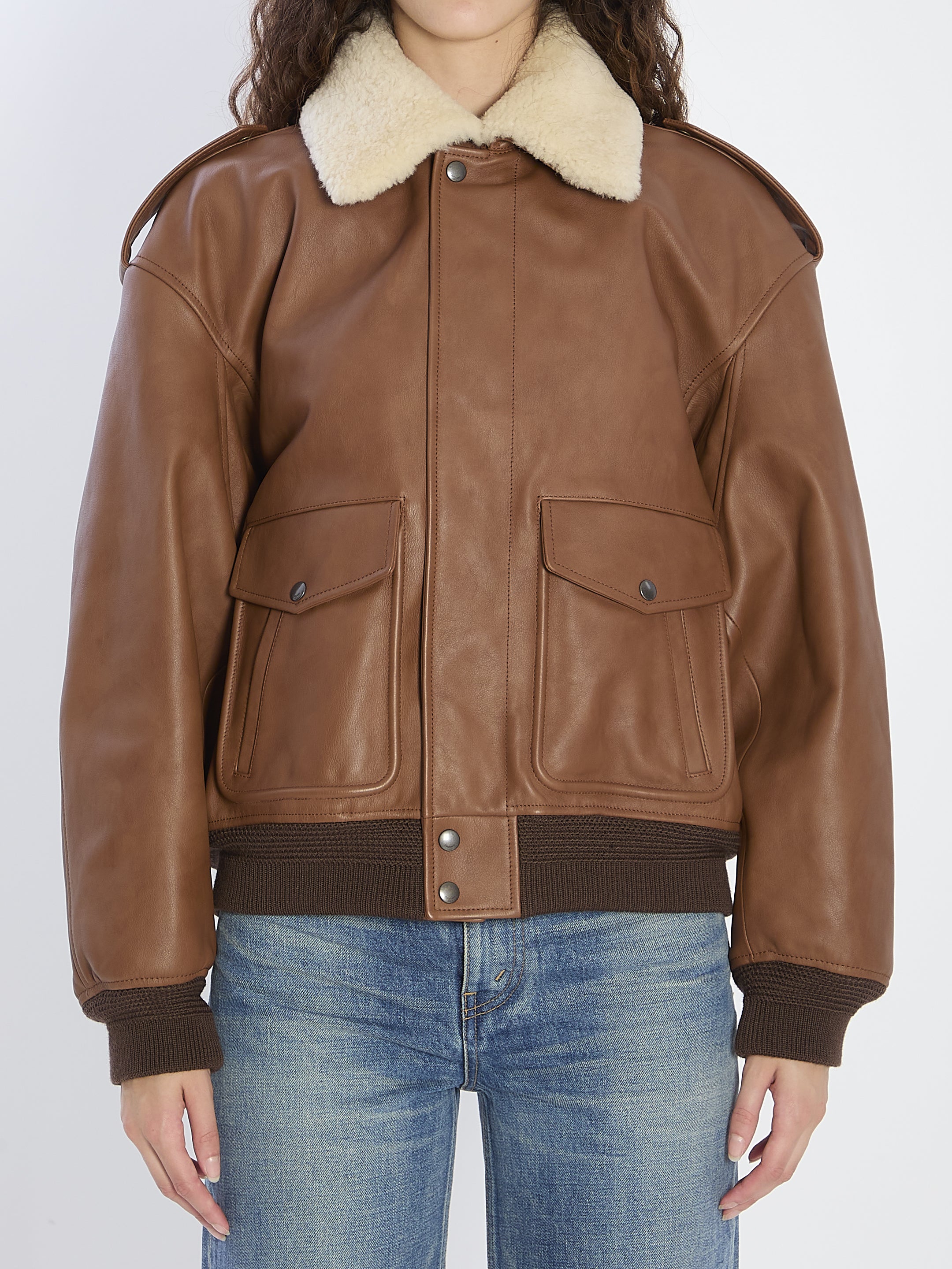SAINT LAURENT 36 bomber jacket in hammered leather and shearling