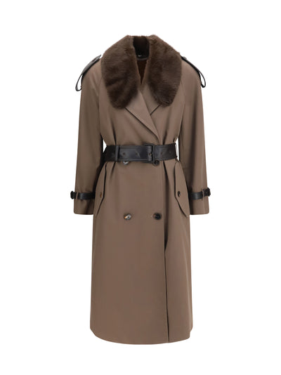long cotton trench coat with buffalo leather collar