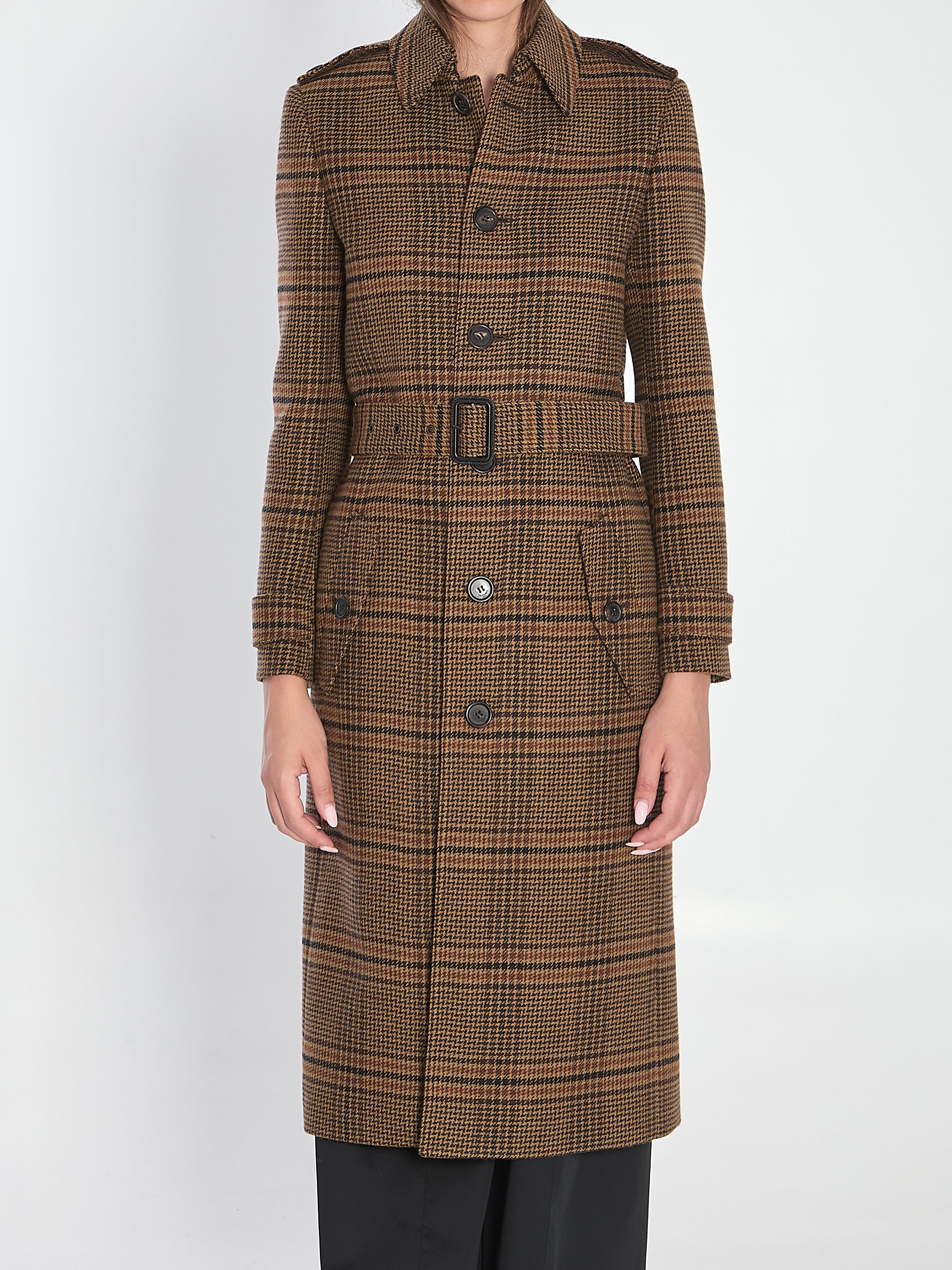 SAINT LAURENT 38 long coat in prince of wales wool