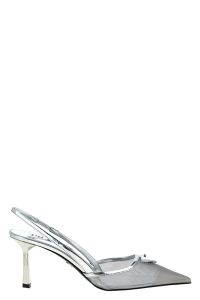 mesh fabric and laminated leather slingbacks