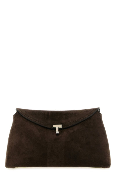 the t-lock suede toteme clutch has a structured silhouette
