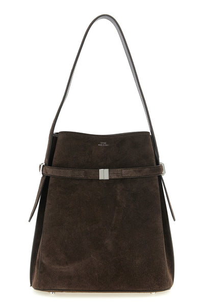 belted bucket suede shoulder bag