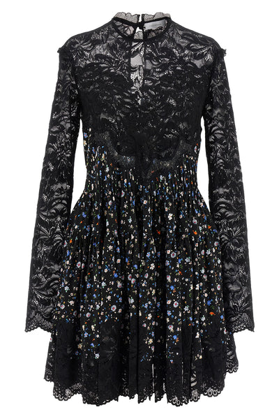 mini dress in floral print and semi-transparent lace fabric