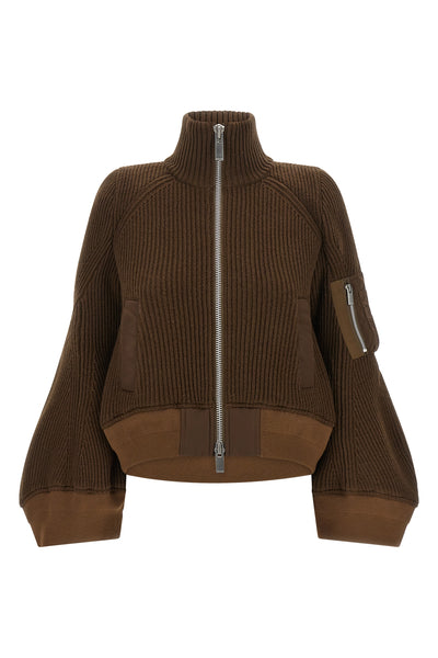 the sacai pure brown wool cropped blouson features a thick ribbed pattern that d