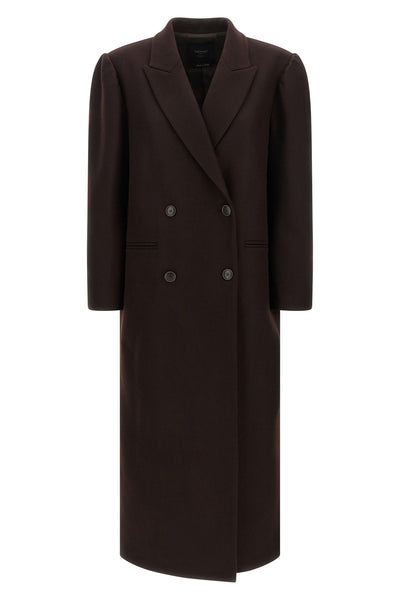 the double-breasted twinset wool blend coat is distinguished by a long and tailo