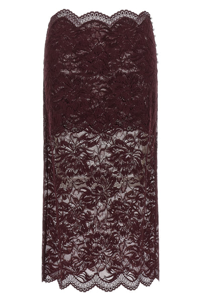 the rabanne midi skirt defines a pencil silhouette through a complex burgundy fl