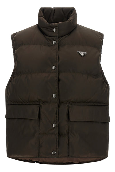 the prada dark brown re-nylon vest defines a functional silhouette through calib