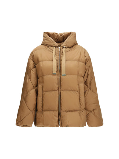 hooded down jacket in iridescent water-repellent fabric