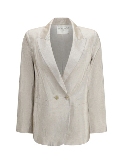 double-breasted jacket in linen and lurex with jewel buttons
