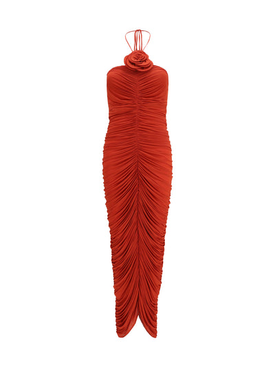 halterneck dress with floral ruching