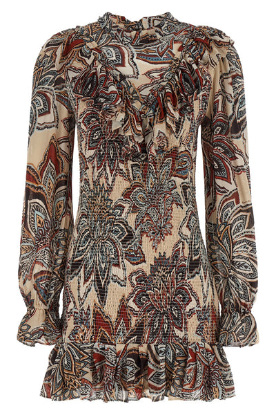 the farm rio mini dress defines the silhouette through a complex smock stitch th