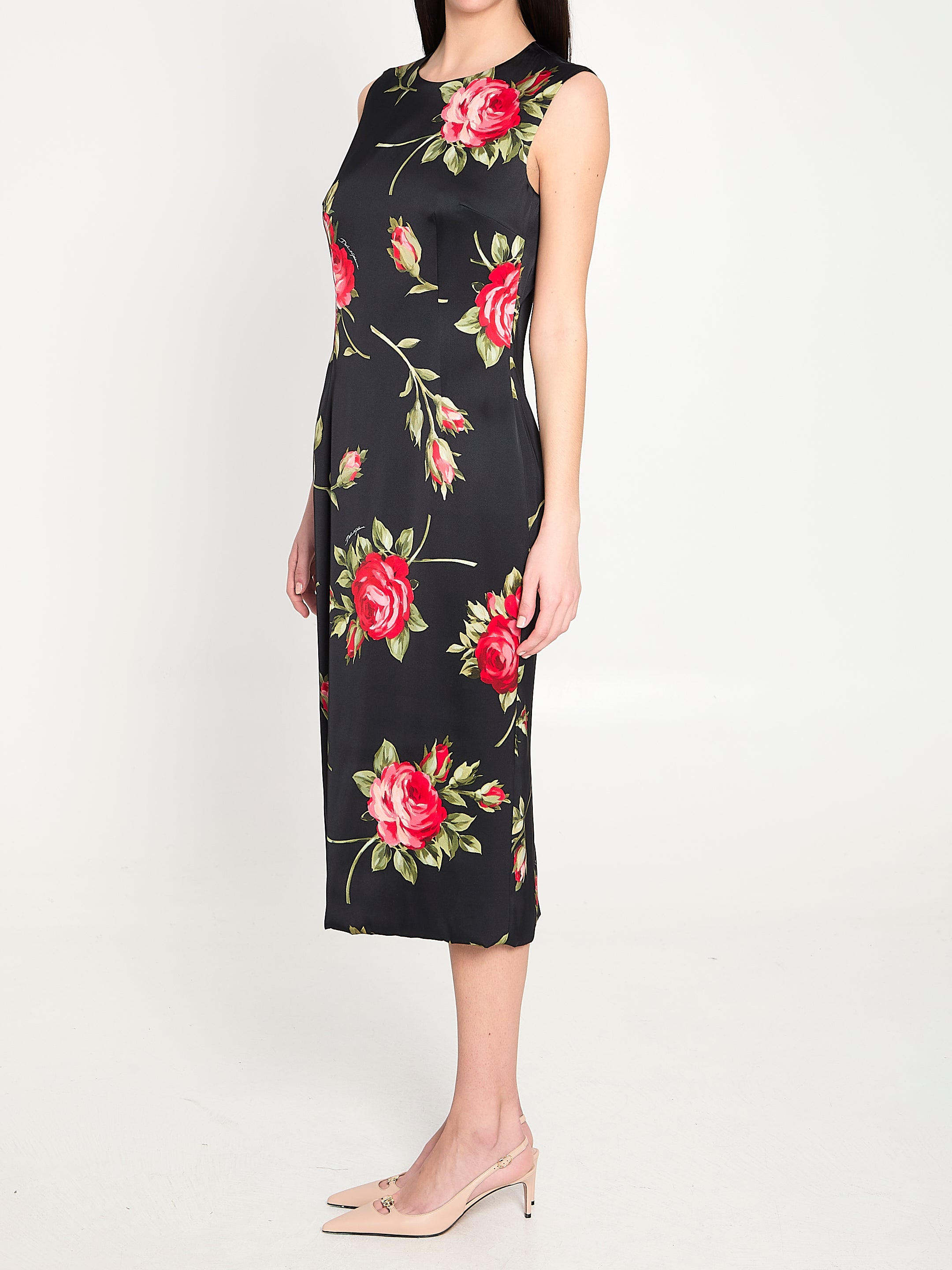 DOLCE&GABBANA 40 bouquet rose print satin midi dress