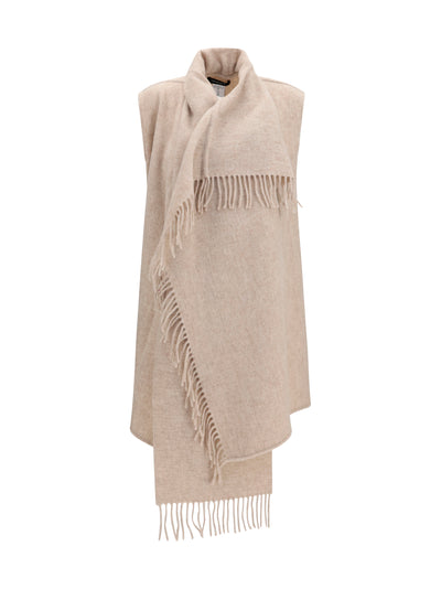 high-neck wool cape with concealed closure and fringes