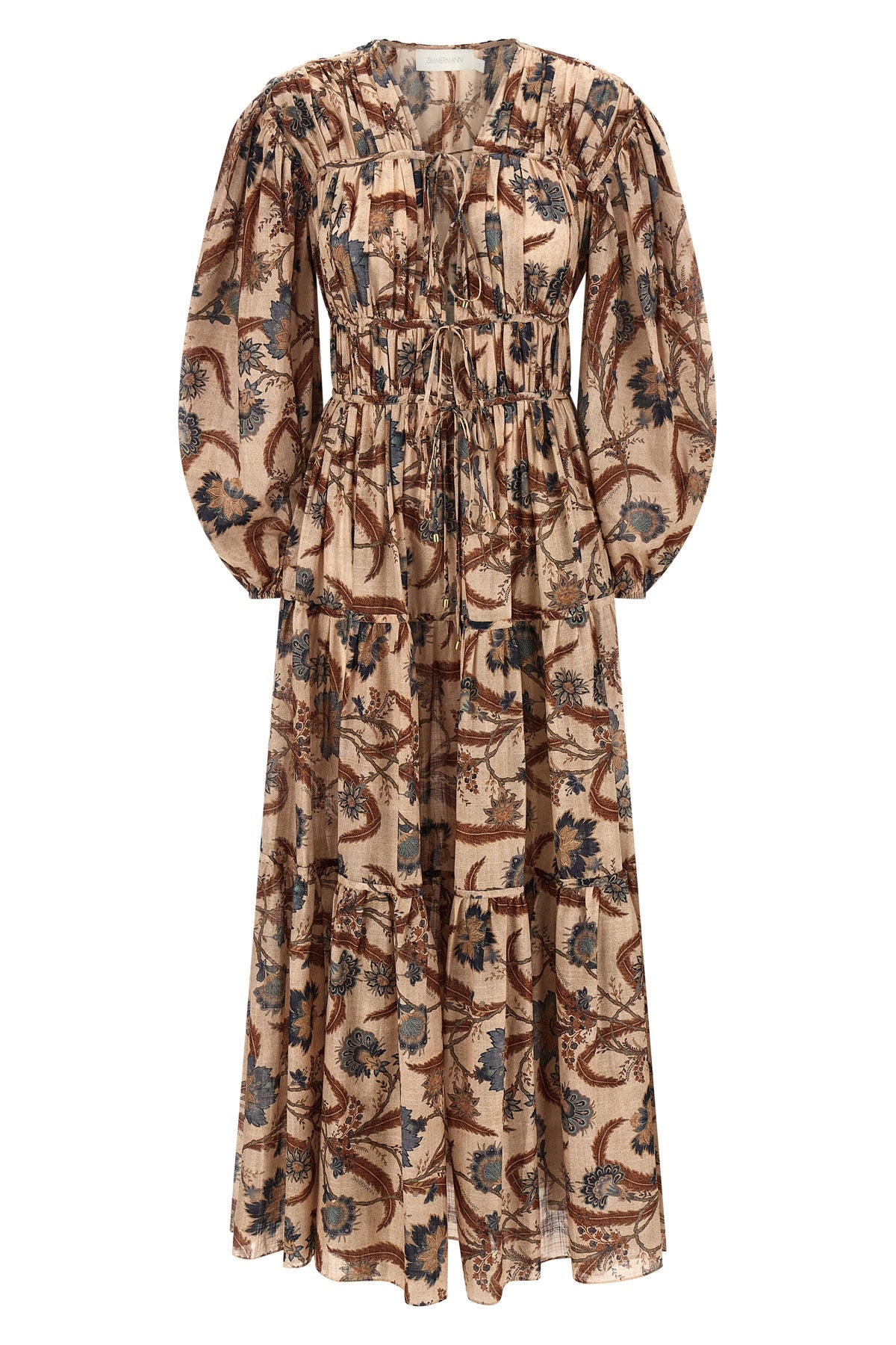 Zimmermann Long Ascension Tie Billow Maxi Dress In All-over Floral Indienne  Blue Patterne
