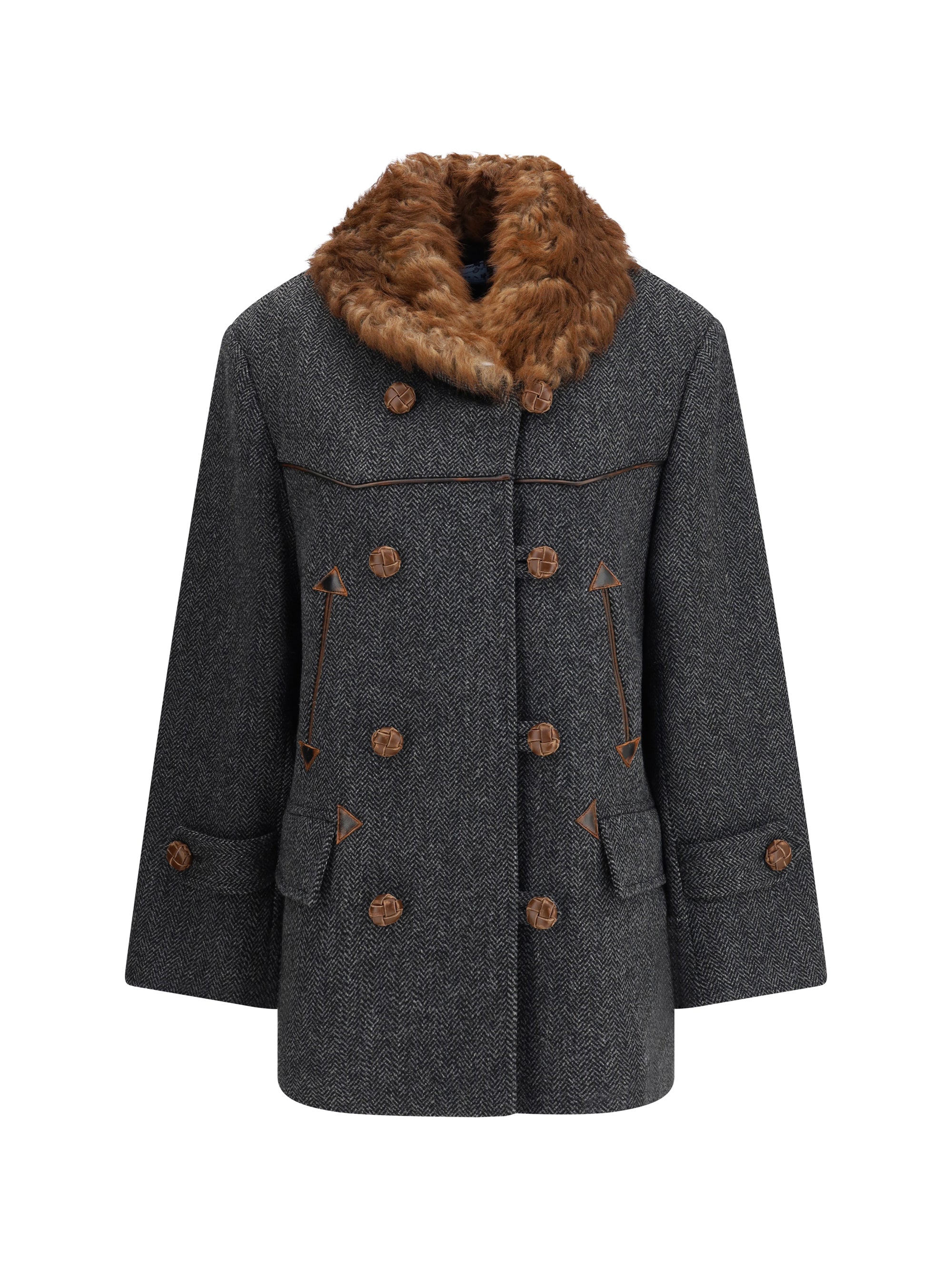 PRADA 36 double-breasted caban with a shearling trim