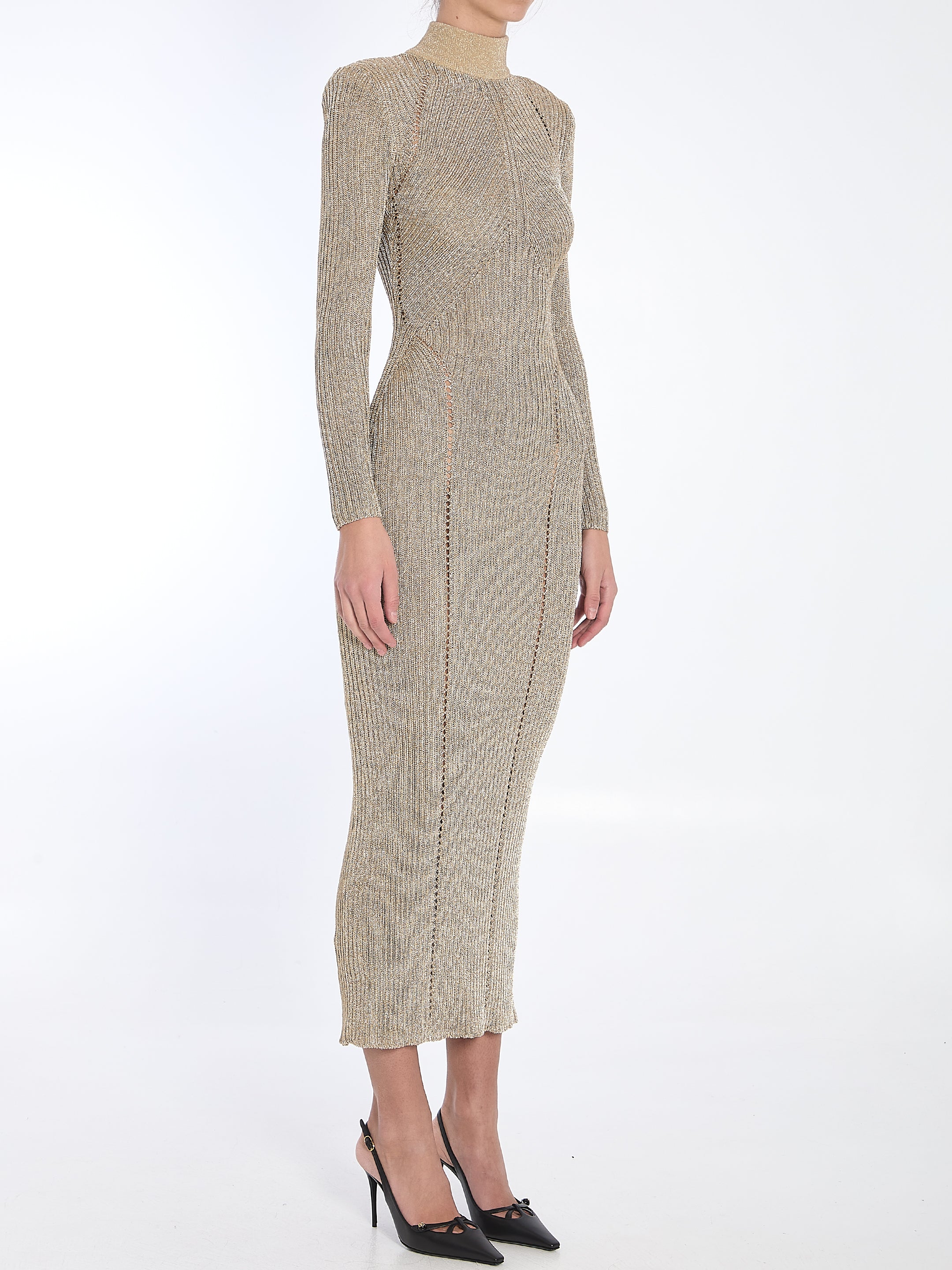 SELF PORTRAIT M gold knit maxi dress