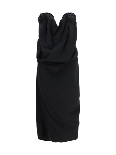 draped dress with sculptural floral details