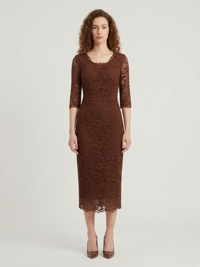 brown lace midi sheath dress