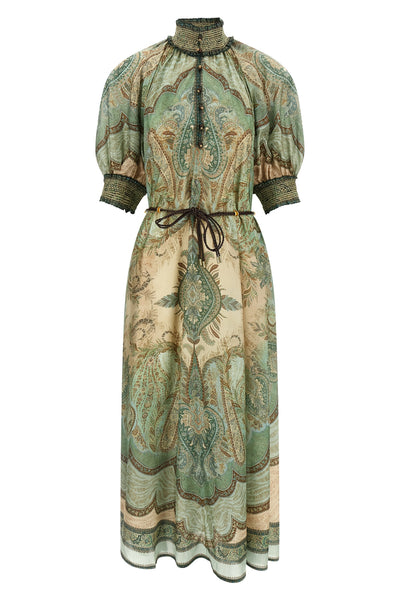 billow wanderlust long dress in tapestry-patterned silk habotai