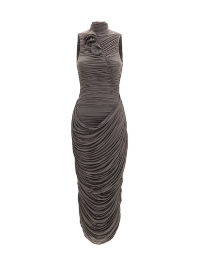 draped high-neck midi dress