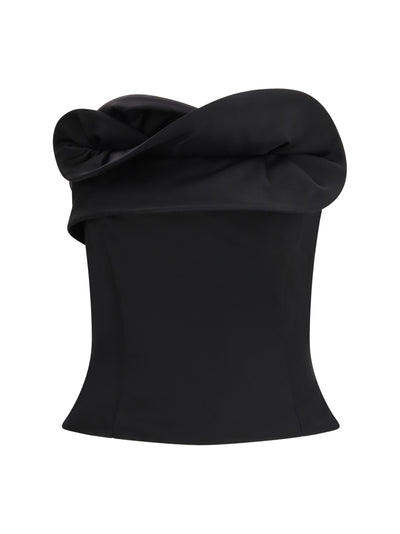 wool and silk corset top with sculptural neckline