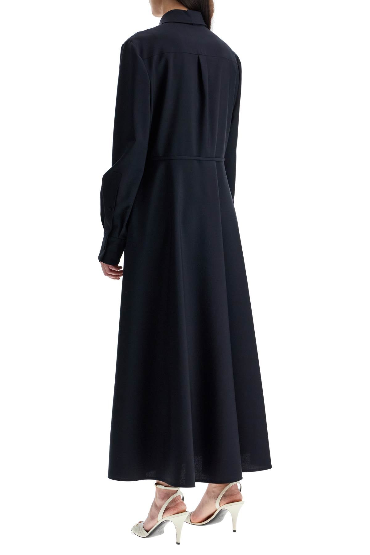 elegant navy blue wool dress with long sleeves and golden belt