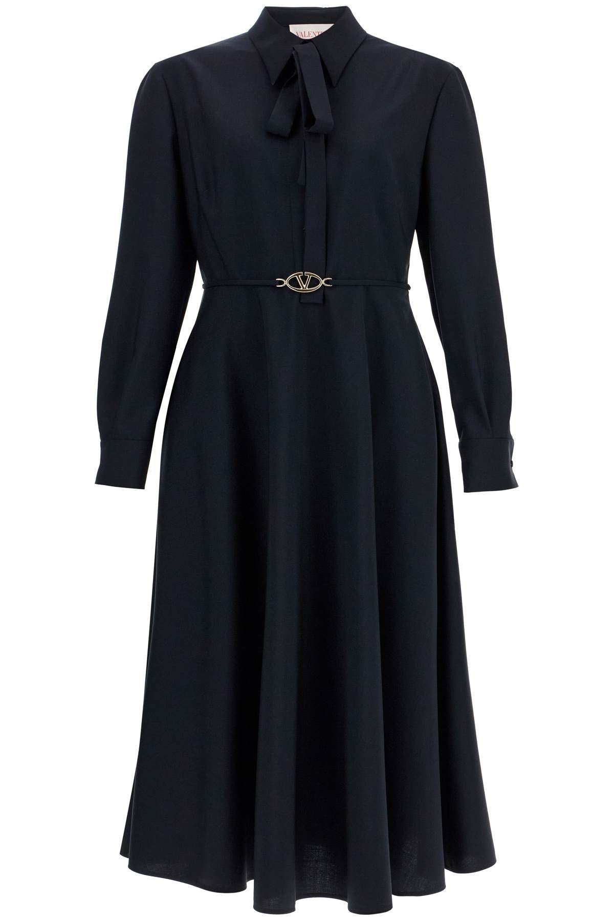 elegant navy blue wool dress with long sleeves and golden belt