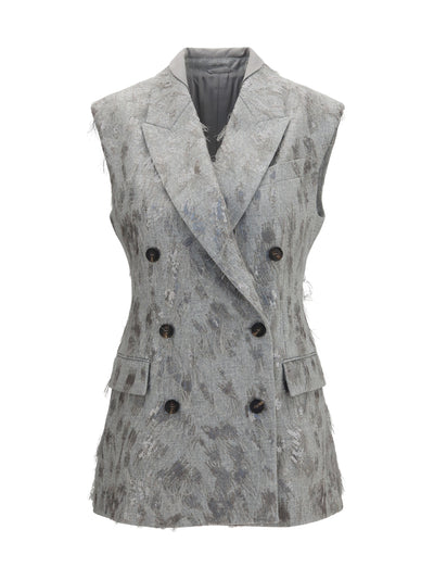 gilet in virgin wool and cashmere twill flannel with dazzling lynx embroidery