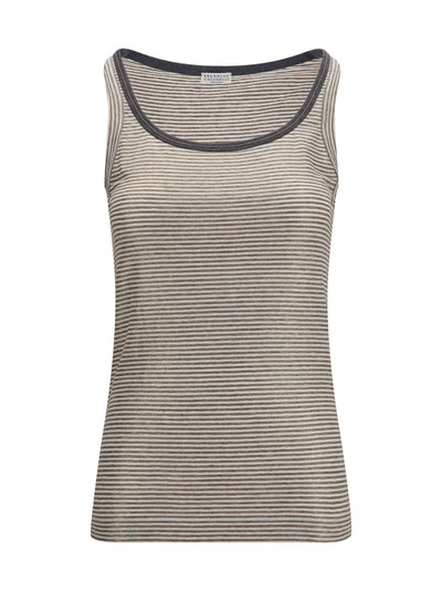 striped linen lamé jersey tank top with glossy finishes