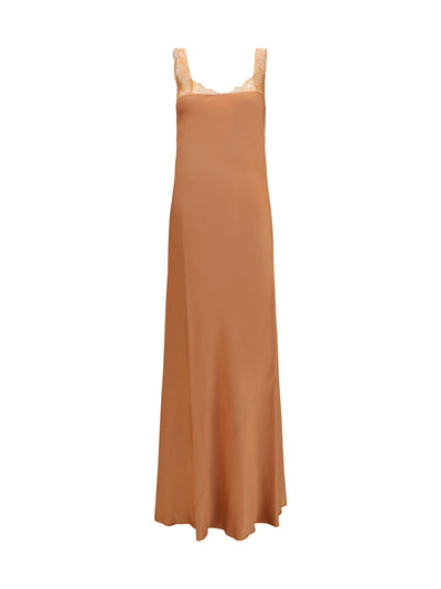 satin maxi dress with lace trims