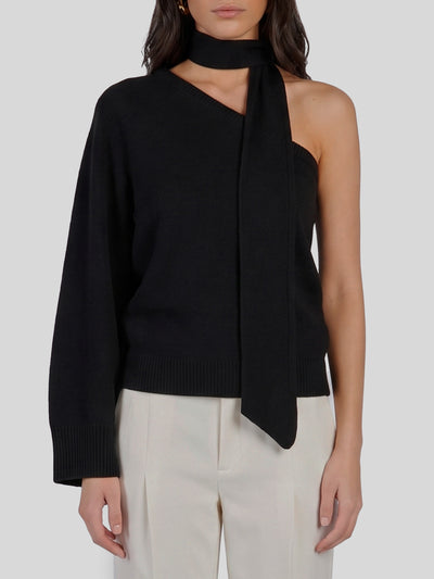 one-shoulder top with scarf detail