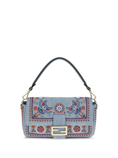 multicolor embroidered denim shoulder bag