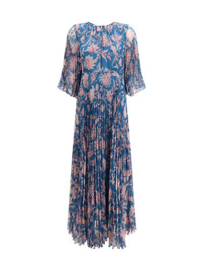 maxi pleated dress with flared sleeves