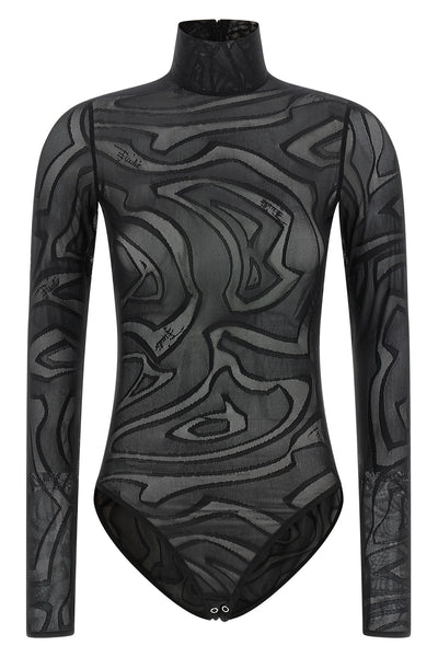 the pucci bodysuit defines a tight silhouette through a sophisticated semi-trans