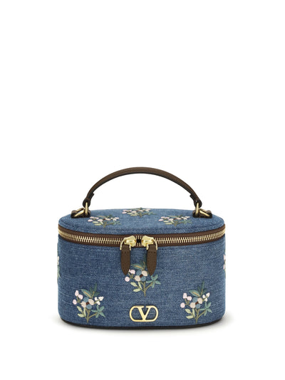 vlogo signature denim vanity hand bag with floral embroidery