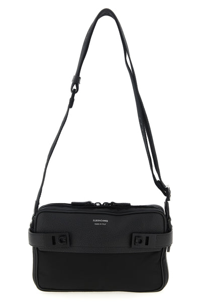 twins nylon crossbody bag in technical fabric and hammered leather