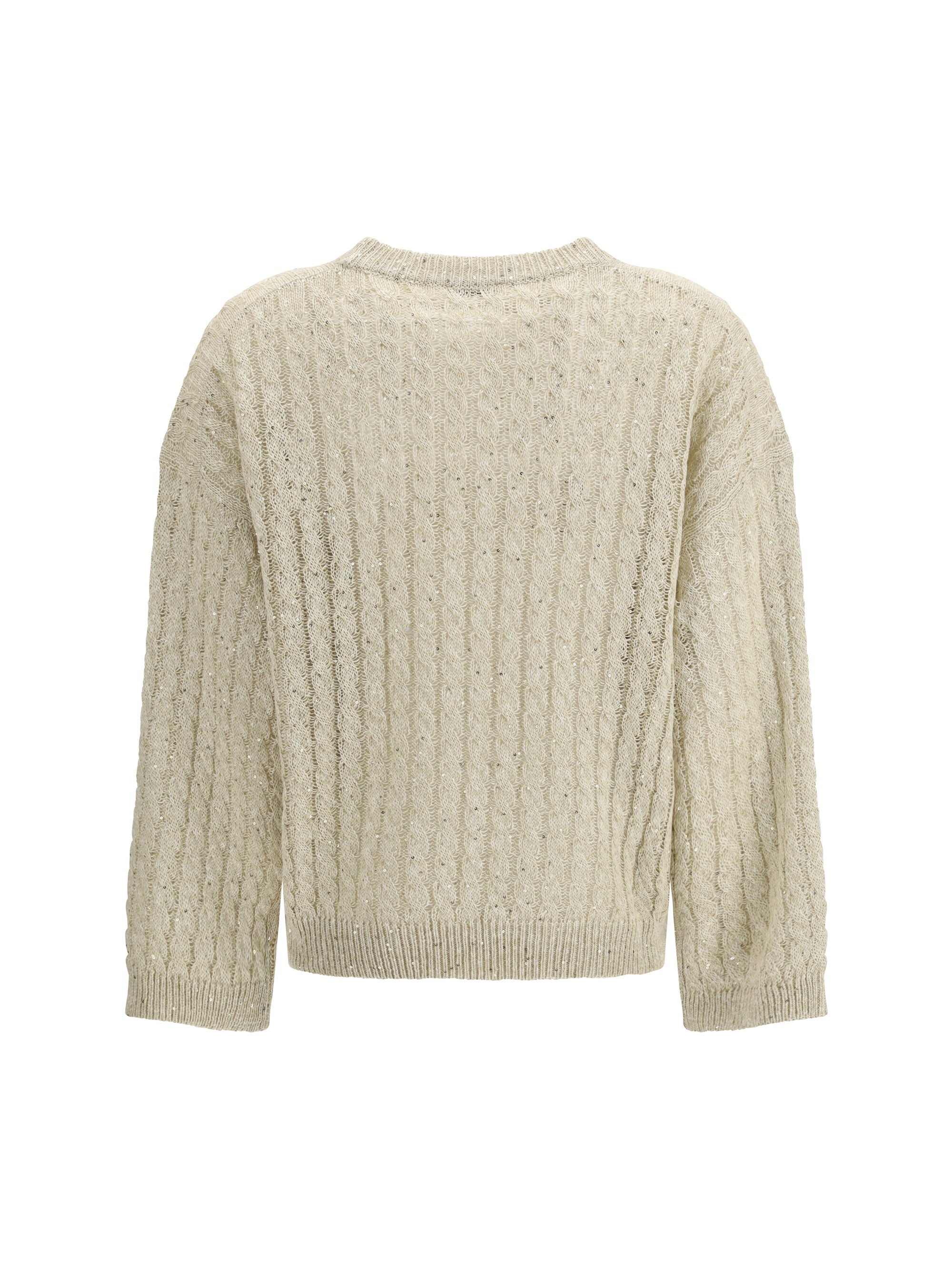 BRUNELLO CUCINELLI M dazzling cable linen sweater with openwork ribbing