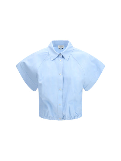 short-sleeve shirt in striped viscose and linen canvas