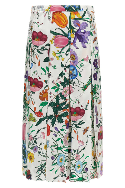 midi skirt in all-over gucci flora print silk twill