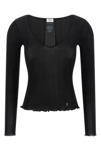 the saint laurent long-sleeved top is made of pure ribbed silk